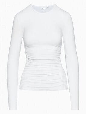 Aritzia TNA Chill White Ruched Long Sleeve Top Size S Fitted Crew Neck
